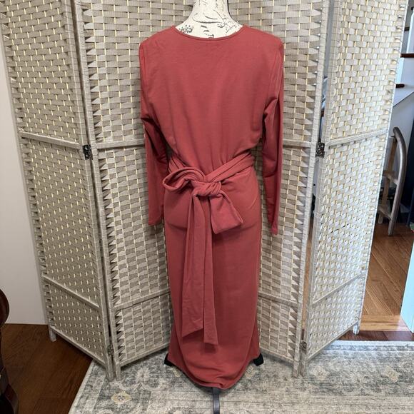Pure Jill Tie Waist Maxi Dress L Petite Rust Affinity French Terry Side Slit NEW - Picture 3 of 12